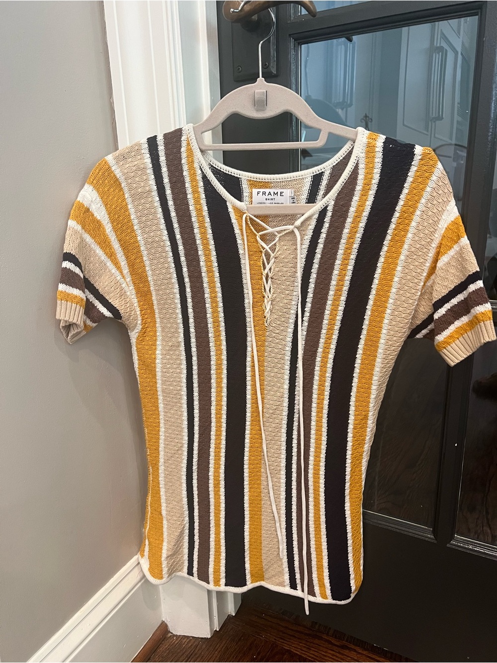 FRAME Striped Lace-Up Knit Top in Mustard, Black & Cream